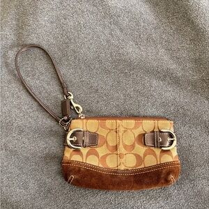 Coach brown canvas wristlet